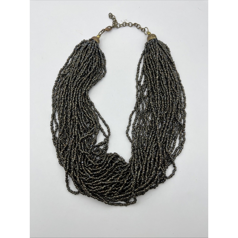 Boho Dark Brown Multi Strand Glass Seed & Barrel Bead Statement Necklace 16"